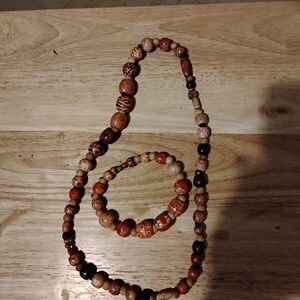 Handcrafted Wooden Bead Necklace and Bracelet Set
